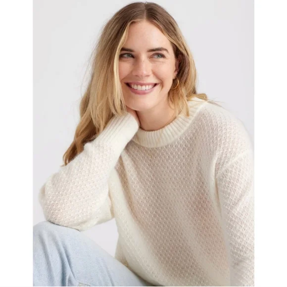 Quince Alpaca Wool Blend Diamond Stitch Creamy White Long Sleeve Jumper Sweater - Picture 3 of 10